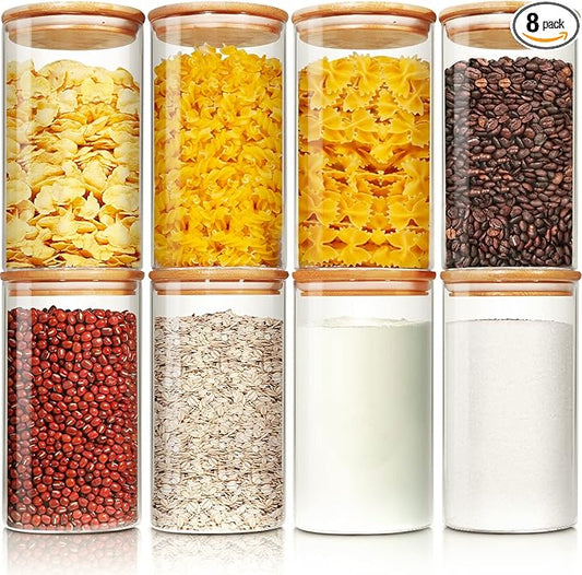 Glass Jars with Bamboo Lids 28 floz [Set of 8], Glass Canisters with Airtight Lids, Glass Food Storage Containers for Pasta, Oats, Coffee, Flour, Sugar, Rice, Best for Kitchen & Pantry-NeatNest