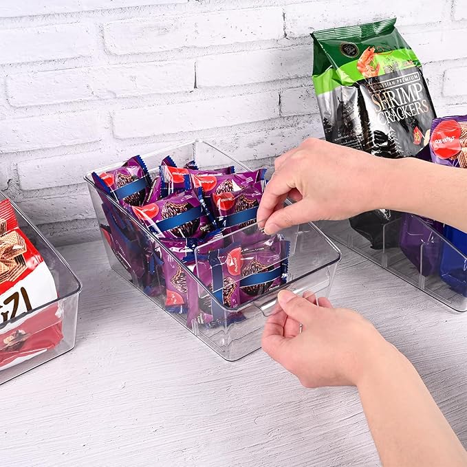 2 Pack Clear Pantry Organizer Storage Bins Removable Snack Organizer Plastic Cabinet Organizers Racks with 3 Dividers, Refrigerator Bins, Kitchen Organization Kitchen Storage-NeatNest