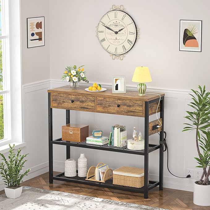 Ecoprsio Entryway Table with Outlets and USB Ports, Console Table with 2 Drawers, Small Sofa Table with Storage Shelves for Living Room, Couch, Hallway, Foyer, Kitchen Counter, 32'', Rustic-NeatNest