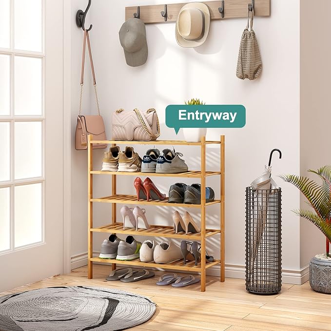 5-Tier Bamboo Shoe Rack for Entryway, Stackable | Foldable | Natural, Shoe Organizer for Hallway Closet, Standing Shoe Racks for Indoor Outdoor-NeatNest