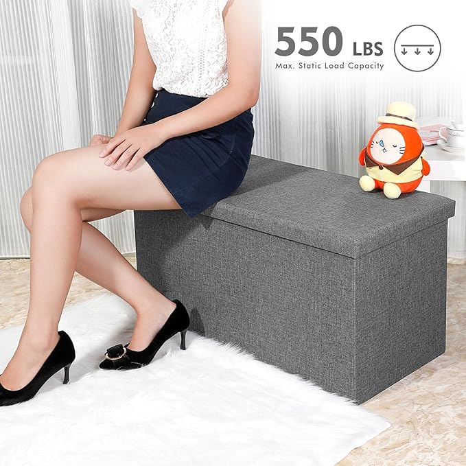 B FSOBEIIALEO Storage Ottoman with Tray, Linen Coffee Table Folding Long Shoes Bench Footstool, Dark Grey 30"x15.74"x15"-NeatNest