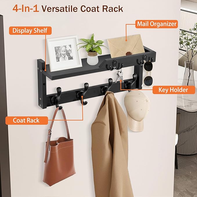 Coat Rack Wall Mount with Shelf, Coat Hanger Wall Mount with Key Hooks and Mail Holder, Wood Entryway Floating Shelf with Hooks and Storage, Hat Rack for Wall Key Holder Mail Organizer-NeatNest