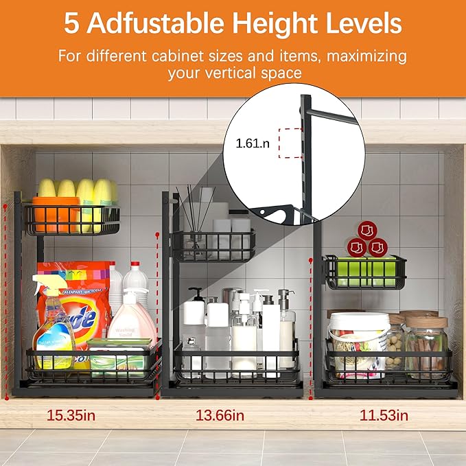 Under Sink Organizer, Adjustable Height Pull-Out Kitchen Storage Organization,15.8" x 11.8" x 16.5", 2-Tier Kitchen Shelf, Bathroom Drawer Organizer, 2 Pack|Black-NeatNest