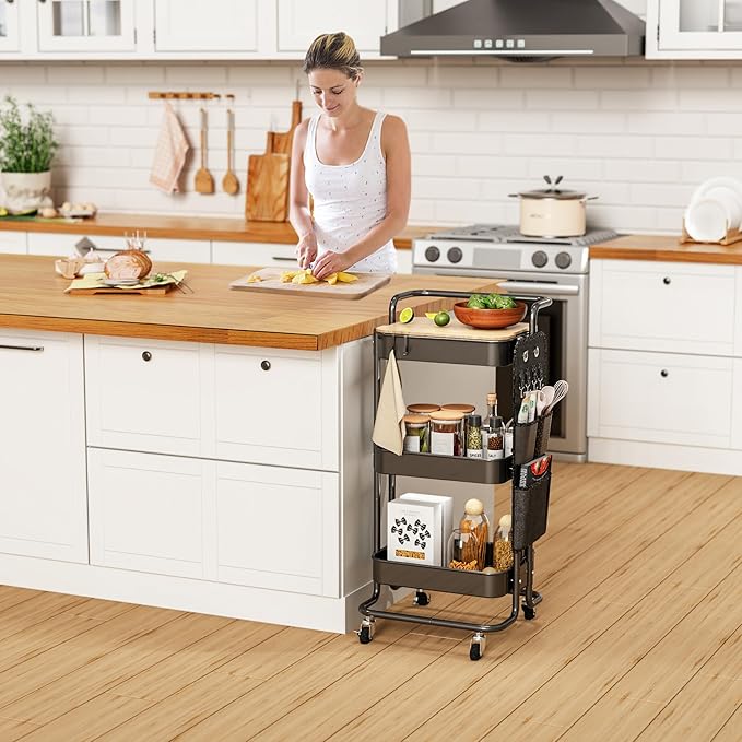 DTK 3 Tier Metal Utility Rolling Cart with Table Top and Side Bags, Tray Storage Organizer Wheels, Art Craft 4 Hooks for Kitchen Bathroom Office Living Room (Black)-NeatNest