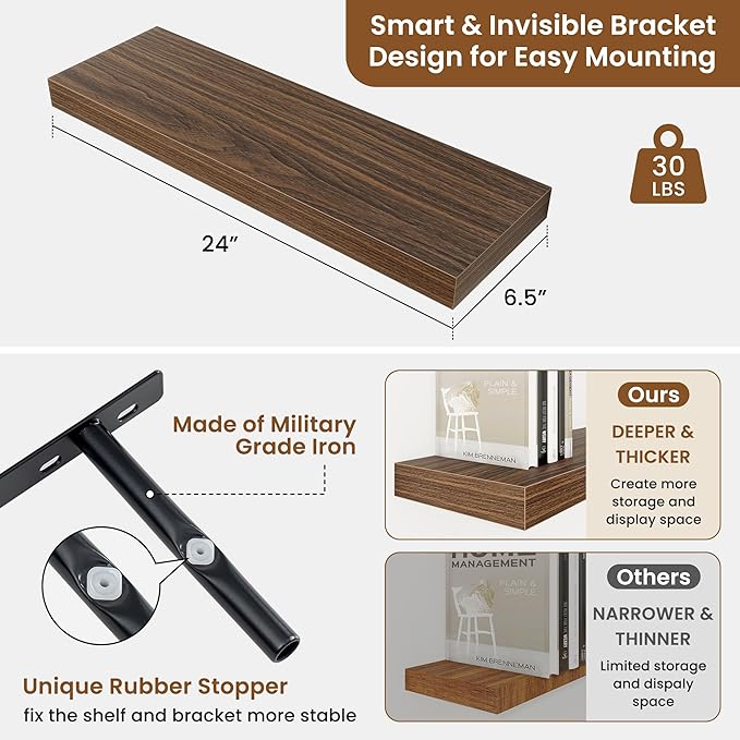 fuqing Floating Shelves for Wall, Bathroom Shelf Wall Mounted for Storage, Shelves with Invisible Bracket for Bedroom, Kitchen, Living Room, Farmhouse Small Book Shelf, 24 Inch Set of 2, Walnut-NeatNest