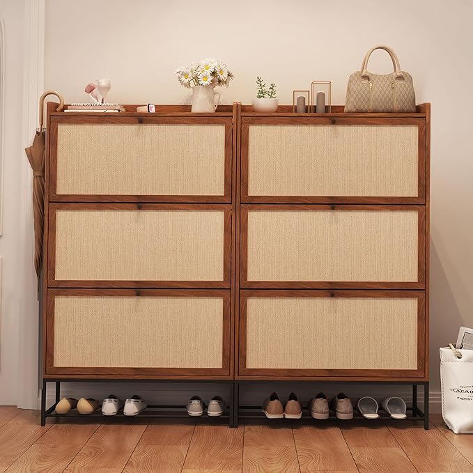 AVZEAR Narrow Shoe Storage Cabinet with 3 Flip Drawers, Freestanding Wooden Closed Shoe Rack, Slim Cabinet Storage for Entryway, Hallway, Living Room (Walnut)-NeatNest
