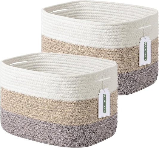 Cotton Rope Storage Basket, 15x10x9 Inches, Woven Basket for Shelves, Clothes, Toys, Towels, Books, and Laundry, Durable and Stylish, White Brown (2 Pack)-NeatNest