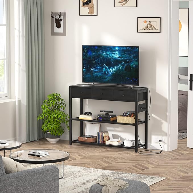 Ecopriso 47'' Entryway Table with Outlets and USB Ports, Console Table with 3 Drawers, Sofa Table Narrow Long with Storage Shelves for Living Room, Couch, Hallway, Foyer, Kitchen Counter, Black-NeatNest