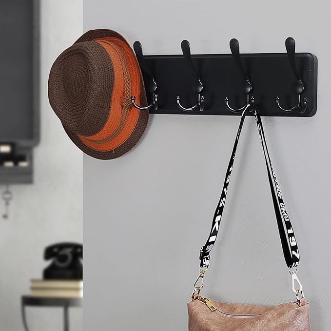 Dseap Coat Rack Wall Mounted - 5 Tri Hooks, Heavy Duty, Wooden Wall Coat Hanger Coat Hook for Clothes Hat Jacket Clothing, Black