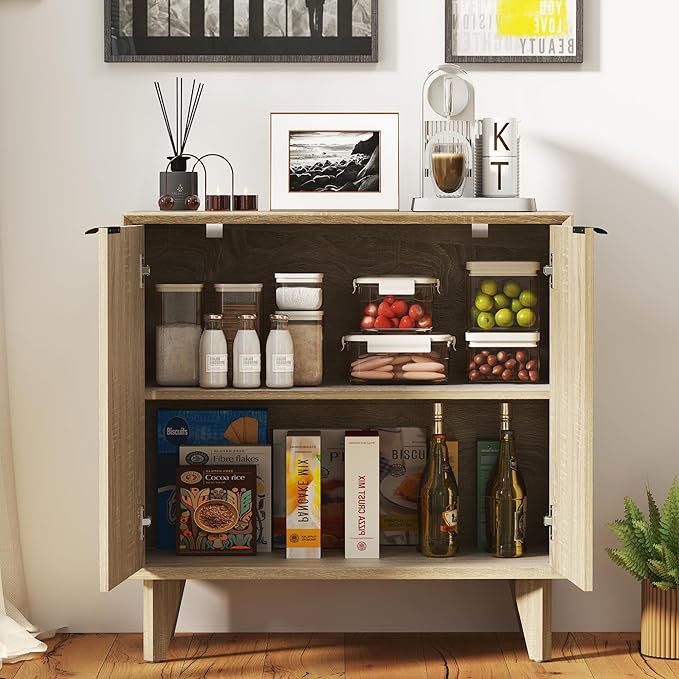 Fluted Cabinet with Storage, Small Buffet Sideborad with Door, Kitchen Buffet Storage Accent Cabinet with Adjustable Shelves for Living Room, Entry, Hallway, Natural