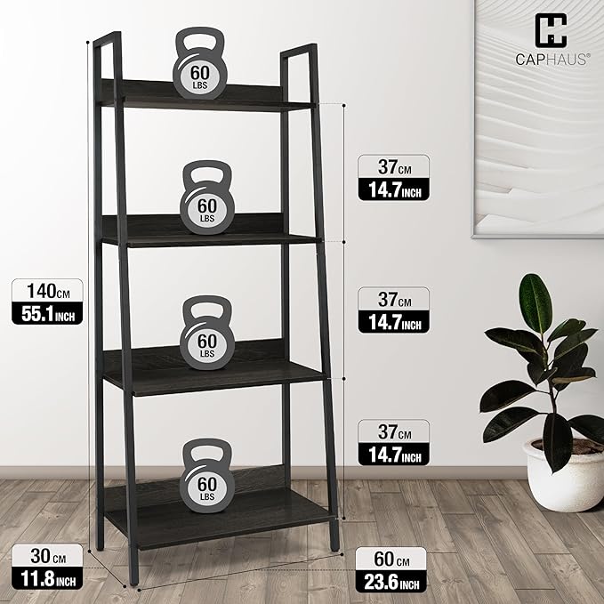CAPHAUS 4 Tier Ladder Bookshelf, 24 Inch Width Free Standing Shelf, Bookcase Shelf Storage Rack Organizer, Industrial Book Shelves for Home Office, Living Room, Kitchen, Black Wooden Shelves-NeatNest