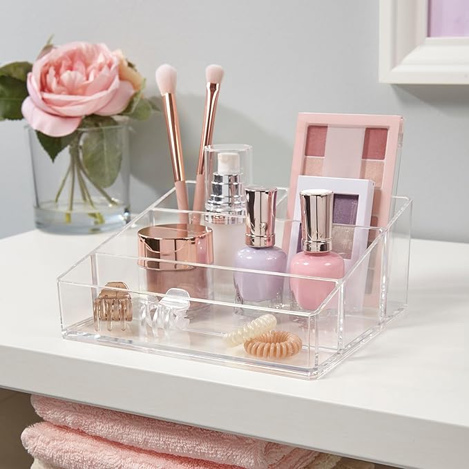 STORi Clear Plastic Small Countertop Vanity Makeup Organizer, Compact Rectangular 4-Compartment Holder for Brushes, Eyeshadow Palettes, & Beauty Supplies, Made in USA-NeatNest