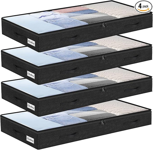 4 Inch Low Profile Under Bed Storage Drawer 4 Pack, Lightweight Underbed Clothes Storage Container Bins with NO STURCTURE, Shallow Storage Bag for Dorm & Home, With Clear Lids and Waterproof Fabric-NeatNest