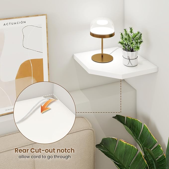Fun Memories Corner Shelf Wall Mount Set of 2 - Solid Oak Wood Floating Corner Shelf with Cable Hole, 10in Rustic Design for Bedroom, Living Room, Kitchen (White)-NeatNest