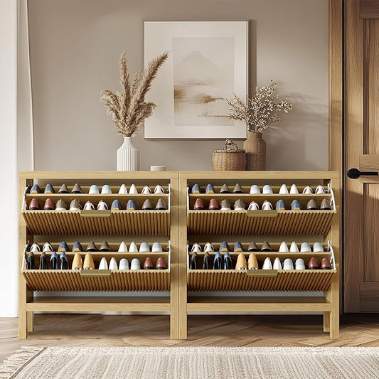 Modern 2-Tier Flip Drawer Shoe Cabinet, Freestanding Hidden Slim Narrow Shoe Rack Cabinet, Wooden Large Capacity Shoe Storage Cabinet Shoe Organizer, for Entryway, Hallway, Natural X2-NeatNest