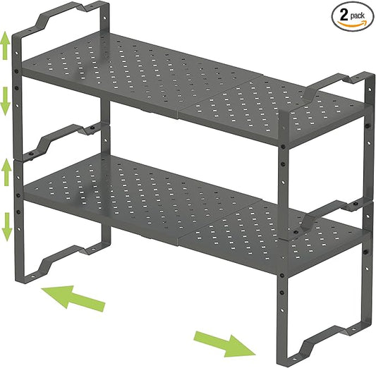 Expandable Shelf for Cabinet Organizer Adjustable Stackable Spice Rack at Kitchen and Bathroom More, Counter Countertop Cupboard Organization Pantry Storage (2 Packs/Gun-Grey, Medium)-NeatNest