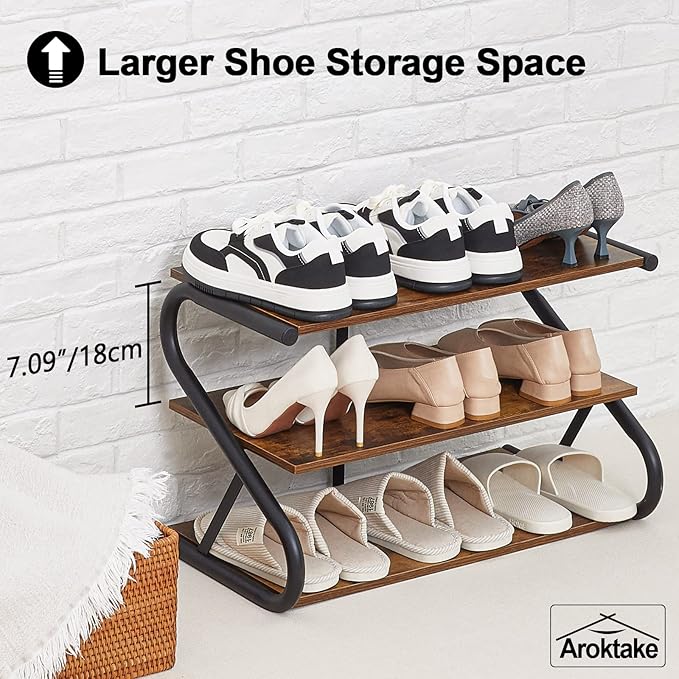 3-Tier Shoe Rack, Z-Frame Wooden Shoe Shelf with Durable Metal Shelves for Hallway, Living Room, Closet, Bedroom (Rustic)-NeatNest