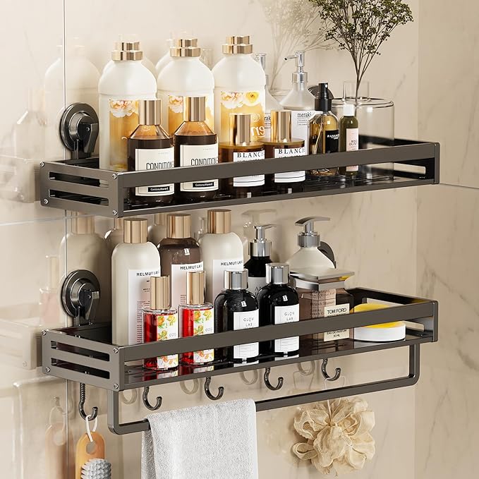 Shower Caddy Suction Cup, 15.7 inch 2 Pack Suction Shower Shelf with Hooks NO-Drilling Bathroom Holder, Rustproof Bathroom Organizer, Dark Grey