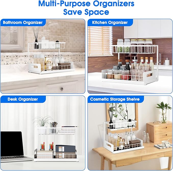 2 Pack Under Sink Organizer, 2 Tier Under Sink Organizers and Storage Multi-Purpose Under Sink Storage for Bathroom Kitchen (White)-NeatNest