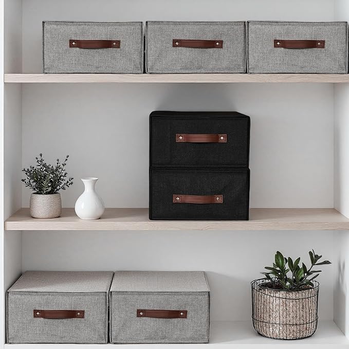Closet Drawer Organizer Stackable Fabric Storage Boxes Bins Baskets with Lid PU Leather Handles Foldable Washable Cotton Linen Wardrobe Shelf Clothes Towels Container (Black, Large)-NeatNest