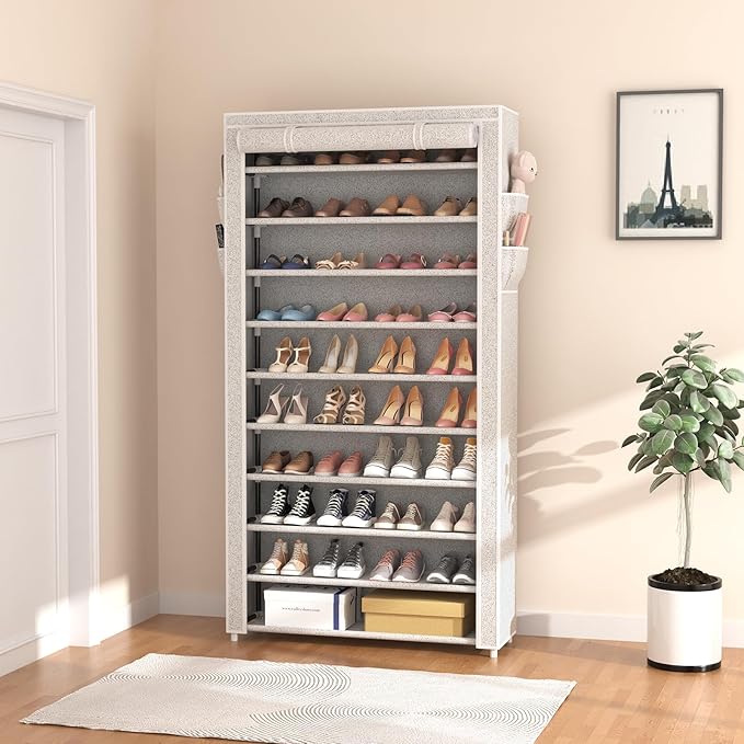 ROJASOP 10 Tier Shoe Rack with Covers Large Capacity Stackable Tall Shoe Shelf Storage for 50-55 Pairs Shoe and Boot, Sturdy Free Standing Shoe Rack Organizer for Closet, Entryway, Bedroom-NeatNest