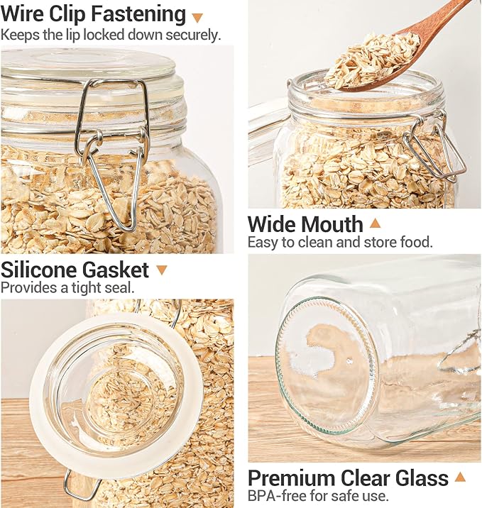 ComSaf Airtight Glass Canister Set of 3 with Lids 50oz Clear Food Storage Jars Square, Kitchen & Pantry Organization Food Storage Container for Canning, Sugar, Flour, Pasta, Candy, Cereal, Coffee-NeatNest