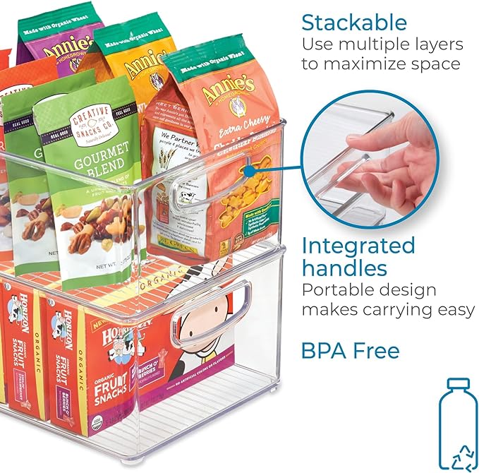 InterDesign iDesign Plastic Stackable Pantry Bin - Organizer Bin with Handles for Cabinets or Fridge - Set of 4 - Clear