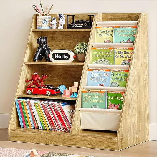 4-Tier Kids Wooden Bookshelf and Toy Storage, 4 Layer Sling Children Bookcase, Book Display Shelf for Kids Bedroom, Playroom, Nursery, Classroom