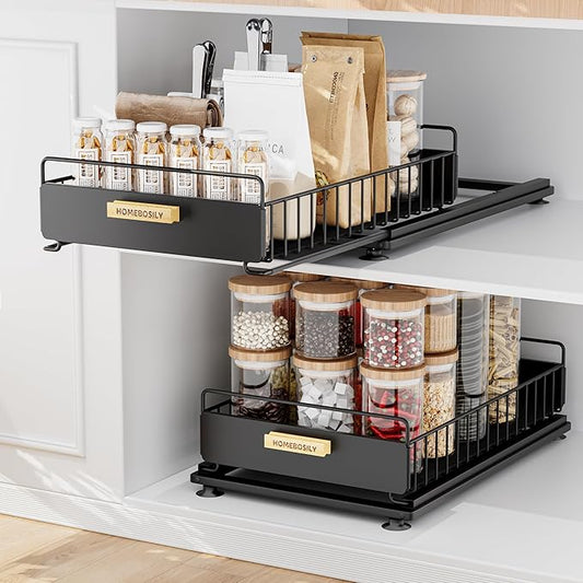 Under Sink Organizer, 2 Pack Pull Out Kitchen Cabinet Organizer, Mute Slide-Out Under Sink Organizers and Storage, Metal Kitchen Bathroom Organizers and Storage Shelves, Black-NeatNest