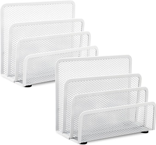 EASEPRES Desk Mail Organizer, Office Small Desktop Metal Mesh Envelope Letter Sorter Paper File Holder Organizer with 3 Vertical Upright Compartments, White 2 Pack