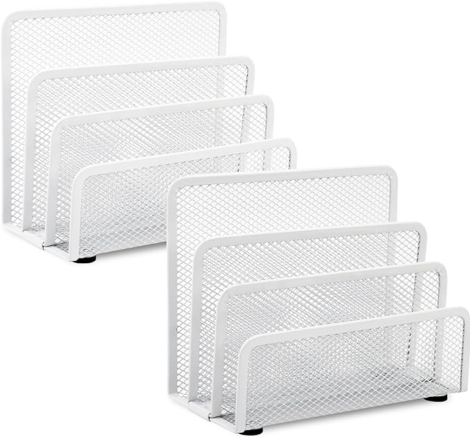 EASEPRES Desk Mail Organizer, Office Small Desktop Metal Mesh Envelope Letter Sorter Paper File Holder Organizer with 3 Vertical Upright Compartments, White 2 Pack