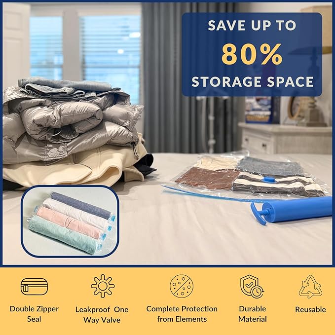 35 Pack Vacuum Storage Bags with Pump, Compression Space Saver for Comforters, Bedding, Blanket Storage, Vacuum Seal Bags for Clothing, Luggage and Closet Organizer, Safe Poly Material-NeatNest