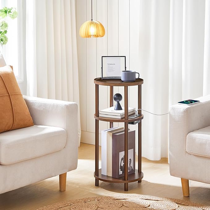 HOOBRO Set of 2 Small Round Side Tables with Charging Station, 3-Tier Round Bamboo End Tables, Compact Sofa Bedside Tables, Easy Assembly, for Living Room, Bedroom, Apartment, Mocha MA152UBZP201