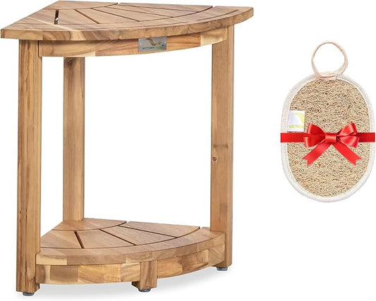 Acacia Corner Shower Stool, Waterproof Spa Foot Rest & Bath Bench with Storage Shelf & Soap Dish, Ideal for Bathroom, Shaving Legs, or as Small Corner Table/Step Stool (Light Natural)