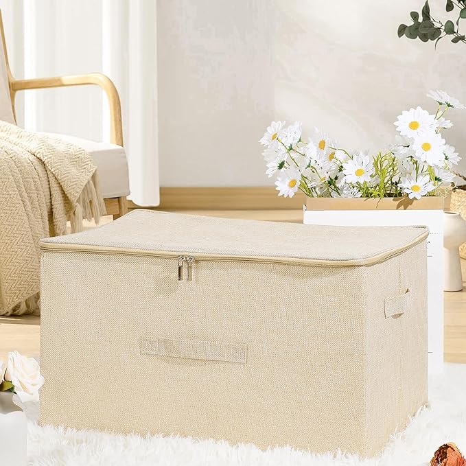 ANMINY Storage Bins with Zipper Lids 36 Qt Lidded Fabric Storage Boxes Baskets Cubes with Handles Collapsible Washable Cotton Linen Closet Shelf Clothes Organizer Containers - Beige, Large-NeatNest