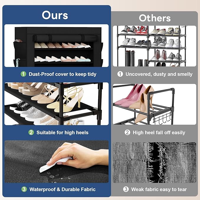 Mavivegue Shoe Rack with Cover, 10 Tier Tall Shoe Storage for 50-55 Pairs of Shoes, Shoe Organizer for Entryway, Closet-NeatNest