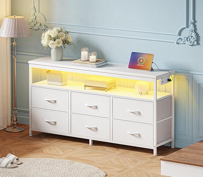 Huuger LED TV Stand for Bedroom, 47 Inch Dresser TV Stand for 43, 50, 55 Inch TV, White TV Stand with Storage, Entertainment Center with Power Outlets, 6 Drawer Fabric Dresser for Living Room-NeatNest