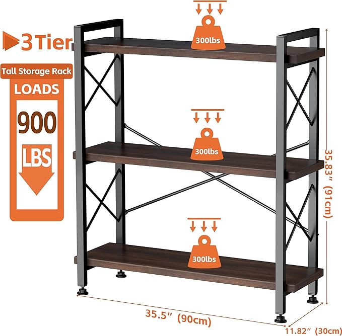 3 Tier Bookshelf Bookcase, 35.5'' Width Wood & Metal Open Book Shelf, Freestanding Industrial Display Shelf, Rustic Storage Shelves Organizer for Home Office, 300 lbs/Level