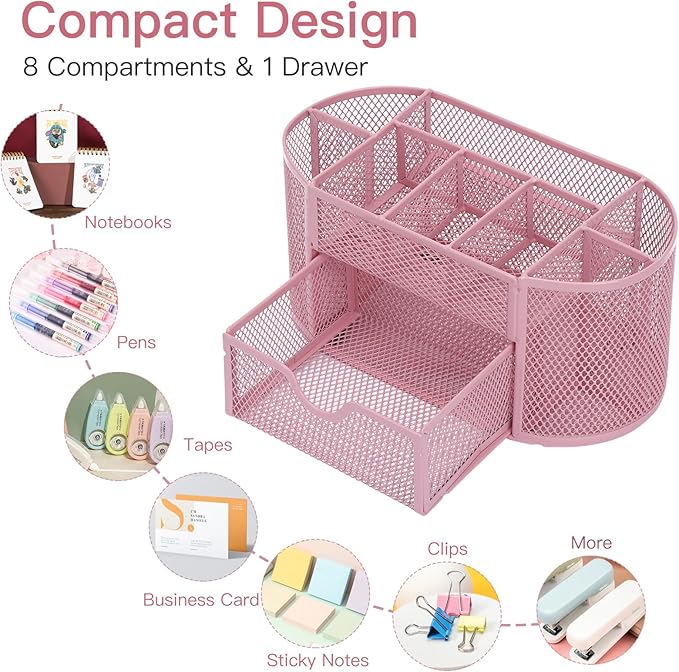 EOOUT Pink Desk Organizer, Pen Holder for Desk and Accessories, Mesh Desk Organizer with 8 Compartments and 1 Drawer for Office Home School Classroom-NeatNest