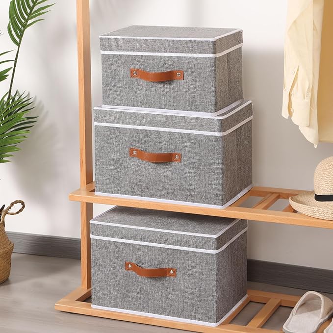 Collapsible Storage Bins with Lids, 5 Pack Linen Foldable Cloth Baskets, 15 x 9.8 x 9.8 Inch Closet Organizer Containers with Double Handles, Sweater Boxes for Bedroom, Grey-NeatNest