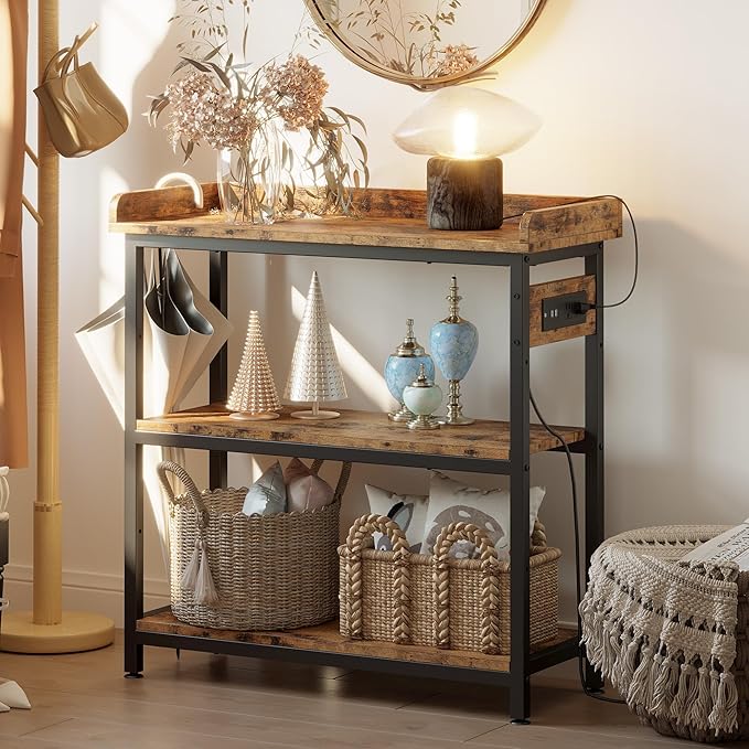 IRONCK Console Table, Sofa Table with Power Outlet, Farmhouse Hallway Table for Entryway, Living Room, Height Adjustable, Easy Assembly, Rustic Brown,32"-NeatNest