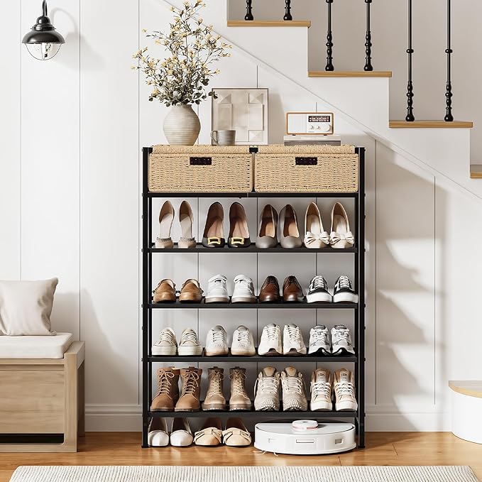 Shoe Rack, 5 Tier Shoe Storage Organizer with 2 Hand Woven Drawers, Metal Shoe Shelf for 16-20 Pairs of Shoes, with 4 Fabric Shelves and Woven Top, Shoe Stand for Closet Entryway, Rustic Oak-NeatNest