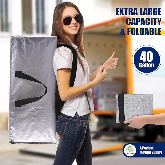 Cosy Family 8 Pack Heavy Duty Extra Large Moving Bags with Backpack Straps - Strong Handles & Zippers, Storage Totes For Space Saving, Fold Flat, Alternative to Moving Box (40 gal, Silver)-NeatNest