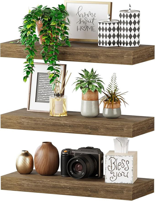 BAMEOS Floating Shelves, 16x6 Wall Mounted Wooden Shelves with Invisible Brackets Set of 3, Hanging Wall Shelves Decoration for Bedroom, Bathroom, Living Room and Kitchen-NeatNest