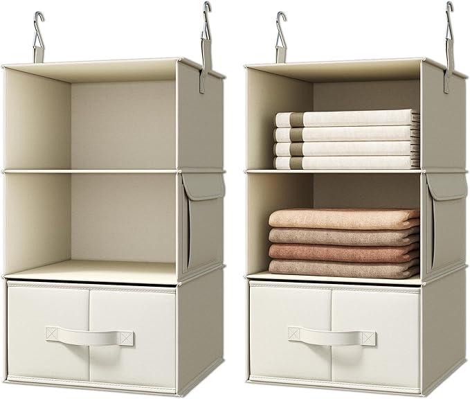 Vailando 3-Shelf Hanging Closet Organizer, Set of 2 Hanging Shelves with 2 Drawers for Wardrobe, Nursery, Baby Clothes Storage and Organization, Beige-NeatNest