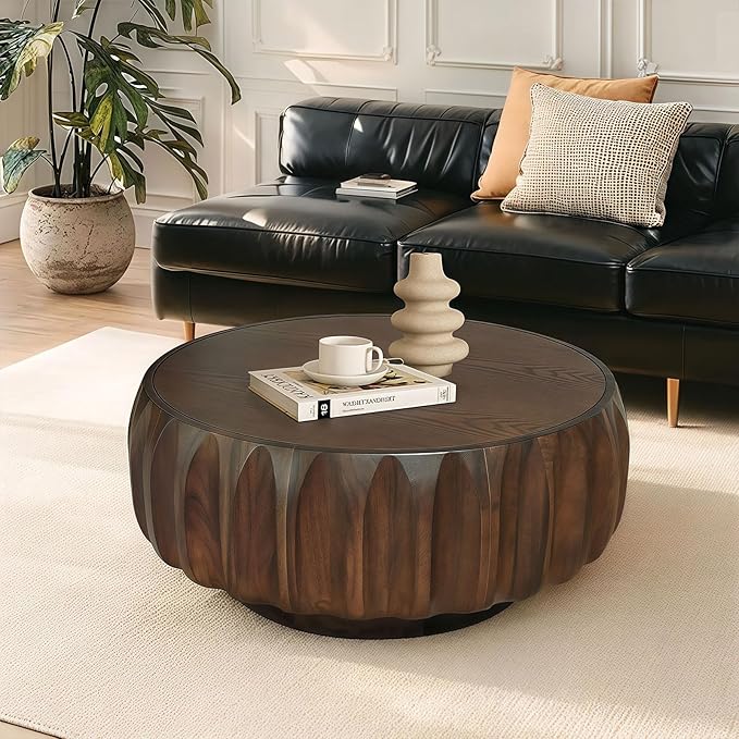 kevinplus 31.5'' Walnut Round Wood Coffee Table for Living Room, Modern Contemporary Circle Fluted Drum Pedestal Coffee Table, Natural Wood Grain & Easy Assembly, Walnut