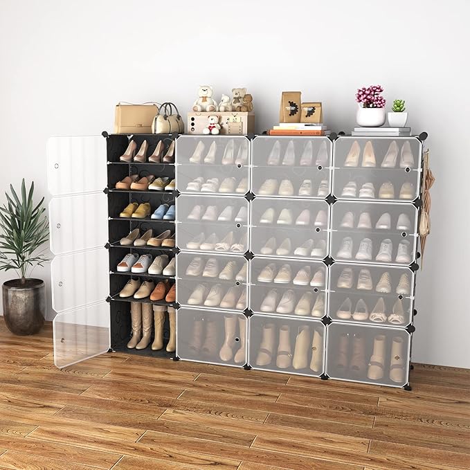 Portable Shoe Rack with Door, 64 Pairs Cabinet Easy Assembly, Plastic Adjustable Shoe Storage Organizer Stackable Detachable Free Standing DIY Expandable 8 Tier Black-NeatNest