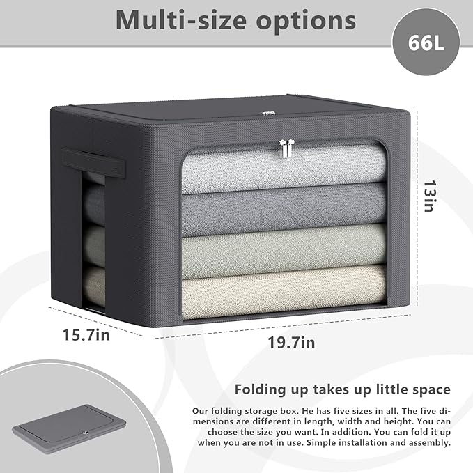 3Pack Stackable Clothes Storage Bins - Oxford Frame Storage Box Foldable Clothing Storage Container Organizer Set with Clear Window & Carry Handles Large Capacity (Dark Gray, Large-66L)-NeatNest