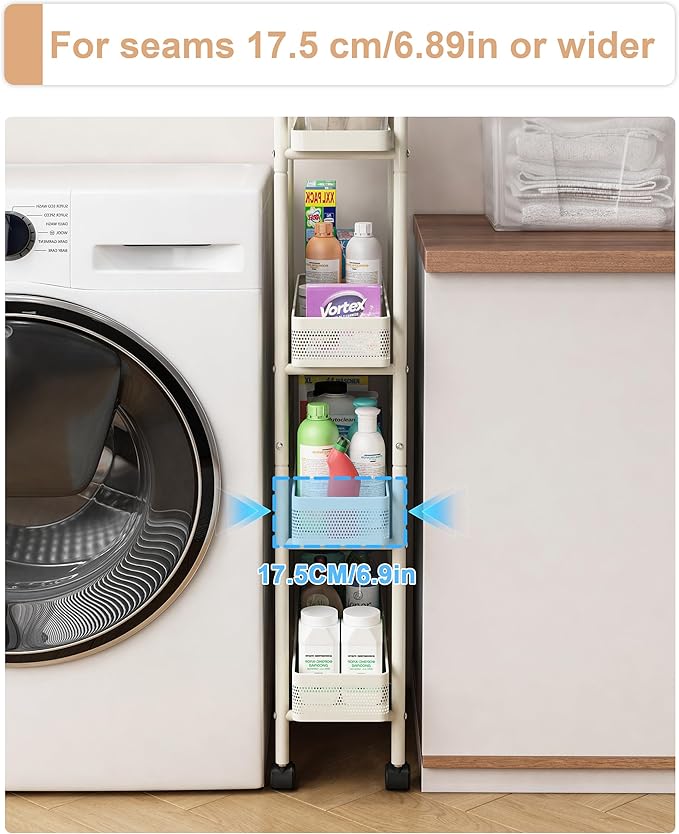UMDONX Slim Storage Cart 4 Tier with Pull Out Basket Bathroom Organizer Rolling cart, Rolling Utility Cart Slide Out Organizer for Kitchen, Bathroom, Laundry White