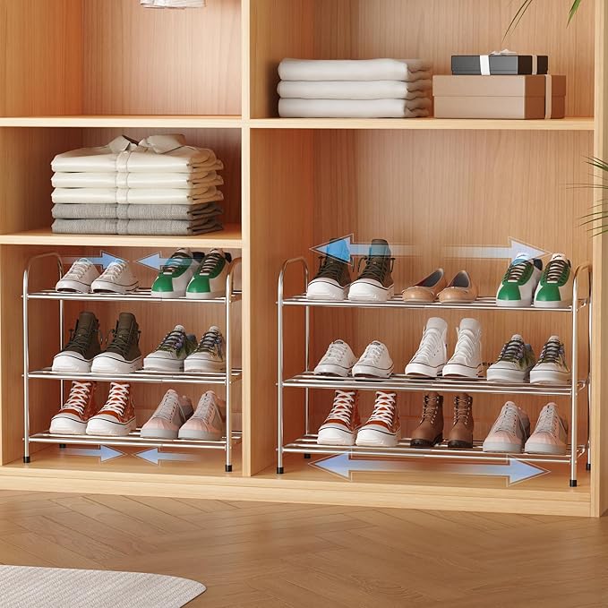 3 Tier Expandable Shoe Rack for Closet, Stainless Steel Shoe Shelf, Strong Weight Capacity Shoes Organizer, Easy to Install and Saving Space Standing Shelf with Sturdy Frame(3 Tier)-NeatNest